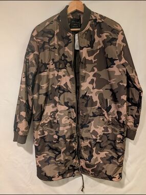 Forever 21 Pink and Olive Camo Long Bomber Jacket